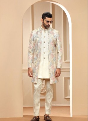 Classy Terry Rayon Off White Indowestern Suit