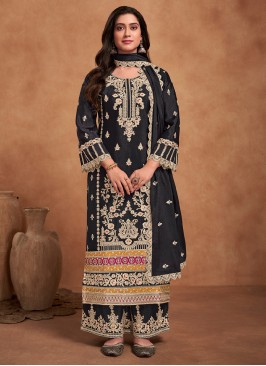 Compelling Chinon Black Embroidered Trendy Salwar 