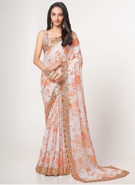 Compelling Digital Print White Organza Saree