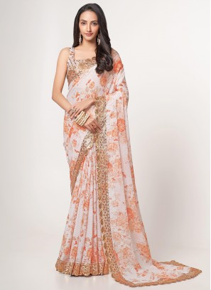 Compelling Digital Print White Organza Saree