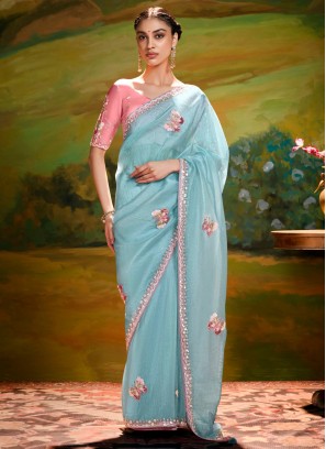 Compelling Embroidered Aqua Blue Fancy Fabric Trendy Saree