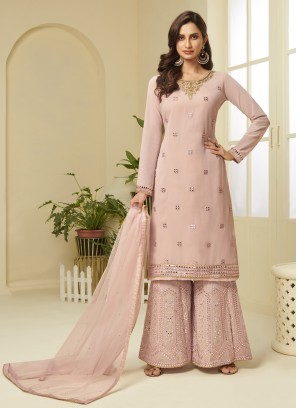 Compelling Faux Georgette Embroidered Designer Palazzo Suit