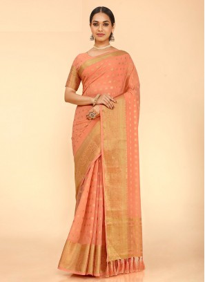 Compelling Peach Weaving Classic Saree