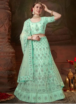 Compelling Sea Green Sequins Trendy Lehenga Choli