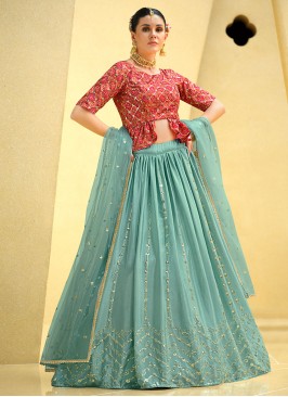 Compelling Silk Sequins Aqua Blue Readymade Lehenga Choli