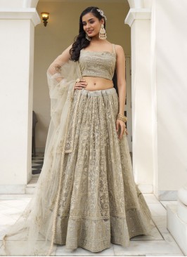 Compelling Thread Work Beige Net A Line Lehenga Ch