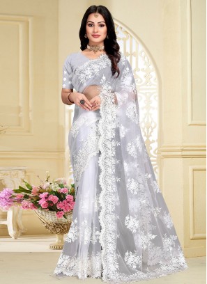 Compelling White Net Classic Saree