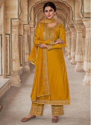 Compelling Yellow Embroidered Silk Palazzo Salwar Kameez