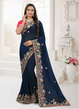 Compelling Zari Organza Navy Blue Saree