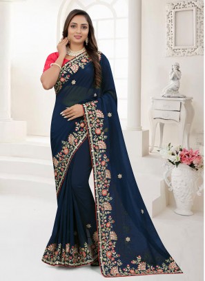 Compelling Zari Organza Navy Blue Saree