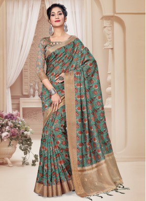 Competent Digital Print Art Silk Sea Green Printed Saree