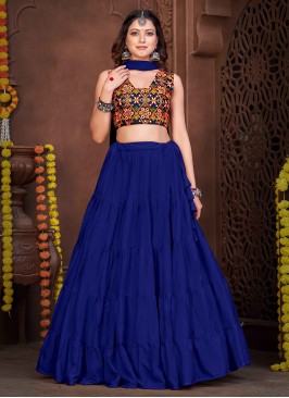 Competent Embroidered Crepe Silk Blue Long Choli Lehenga