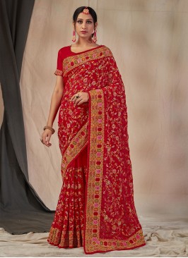 Competent Embroidered Red Classic Saree