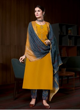 Competent Embroidered Yellow Faux Crepe Designer Pakistani Suit