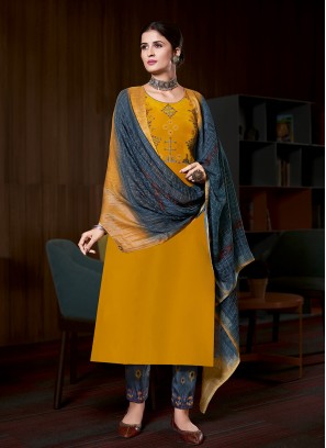 Competent Embroidered Yellow Faux Crepe Designer Pakistani Suit