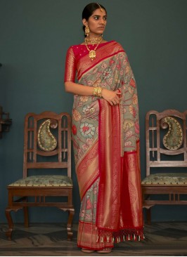 Competent Grey and Red Floral Print Trendy Saree