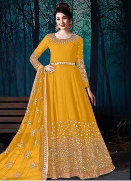 Competent Mirror Yellow Faux Georgette Floor Length Designer Suit