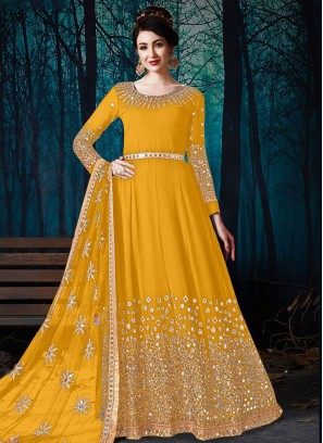 Competent Mirror Yellow Faux Georgette Floor Length Designer Suit