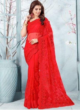 Competent Resham Red Net Traditional Designer Sare