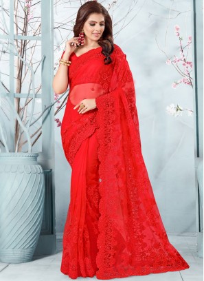 Competent Resham Red Net Traditional Designer Saree