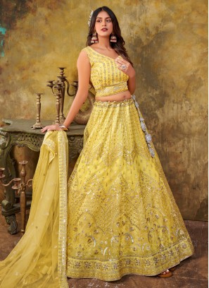 Competent Sequins Yellow Net Lehenga Choli