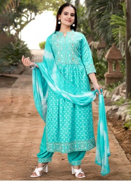 Competent Turquoise Readymade Salwar Kameez
