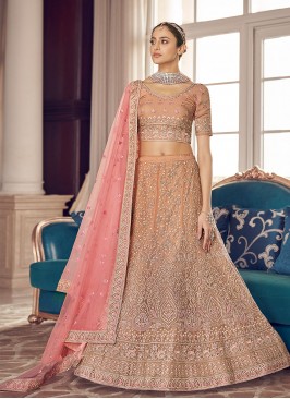 Congenial Embroidered Peach Organza A Line Lehenga Choli