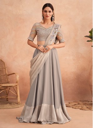 Congenial Embroidered Silk Grey Lehenga Saree