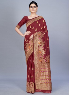 Conspicuous Banarasi Silk Woven Maroon Contemporary Saree