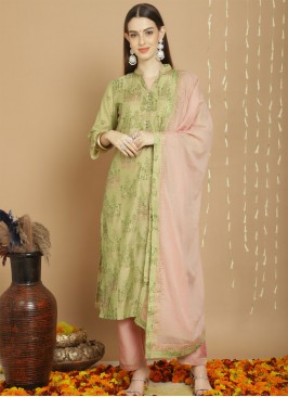 Conspicuous Embroidered Chanderi Silk Green Pant Style Suit
