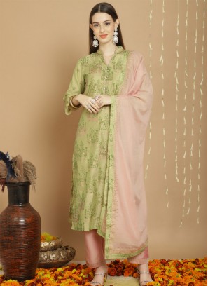 Conspicuous Embroidered Chanderi Silk Green Pant Style Suit