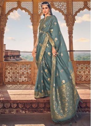 Conspicuous Grey Satin Silk Trendy Saree