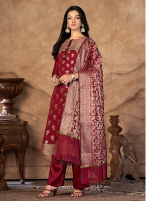 Conspicuous Maroon Banarasi Silk Straight Salwar Suit