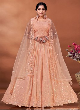 Conspicuous Net Embroidered Peach Readymade Lehenga Choli