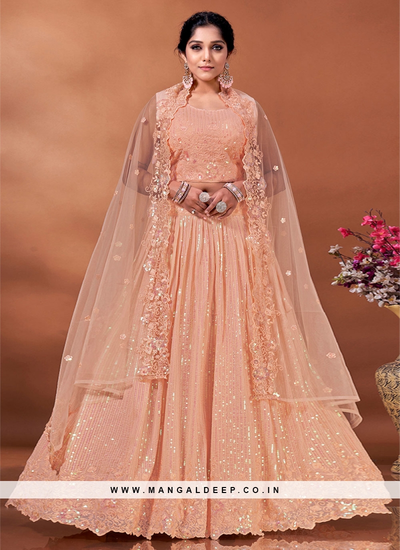 Conspicuous Net Embroidered Peach Readymade Lehenga Choli
