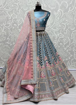 Conspicuous Velvet Aqua Blue Embroidered Lehenga Choli