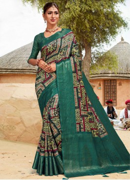 Contemporary Saree Digital Print Banarasi Silk in Teal