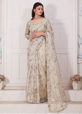 Contemporary Saree Digital Print Georgette in Off White