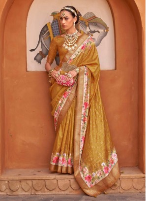 Contemporary Saree Digital Print Silk in Mustard