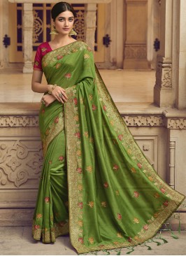 Contemporary Saree Embroidered Art Silk in Green