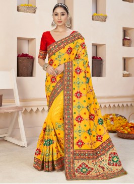 Contemporary Saree Embroidered Faux Georgette in Yellow