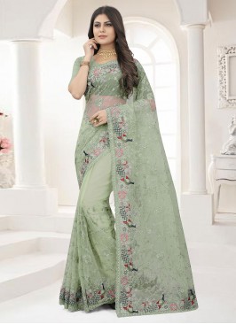 Contemporary Saree Embroidered Net in Green