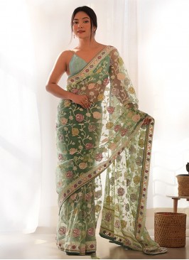 Contemporary Saree Embroidered Net in Green