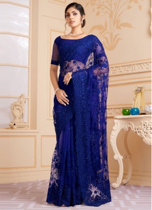 Contemporary Saree Embroidered Net in Navy Blue