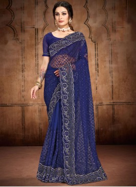Contemporary Saree Embroidered Net in Navy Blue