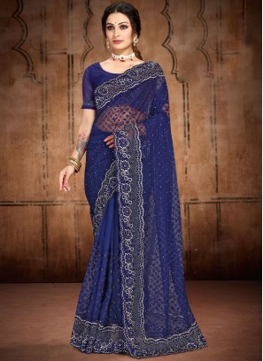 Contemporary Saree Embroidered Net in Navy Blue