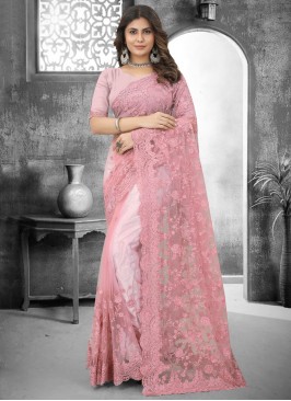 Contemporary Saree Embroidered Net in Pink