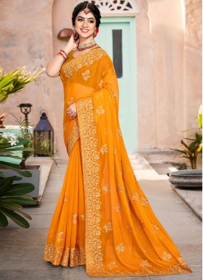 Contemporary Saree Embroidered Shimmer in Orange