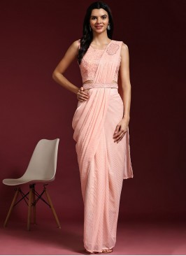 Contemporary Saree Embroidered Shimmer in Peach