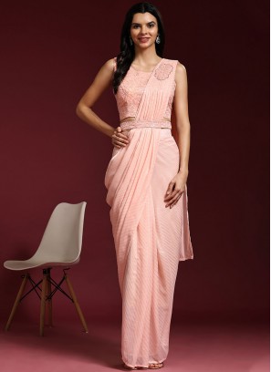 Contemporary Saree Embroidered Shimmer in Peach